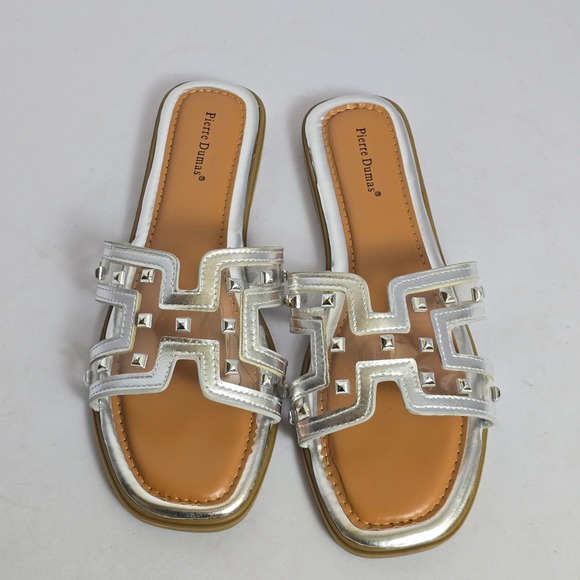 Pierre Dumas Shoes - Pierre Dumas Silver Studded H-Strap Slide Sandals Women Size 9 Clear Vinyl Flat